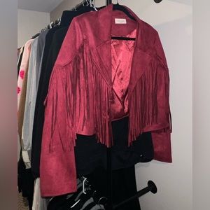 Maroon, suede, fringe Saints & Hearts jacket.